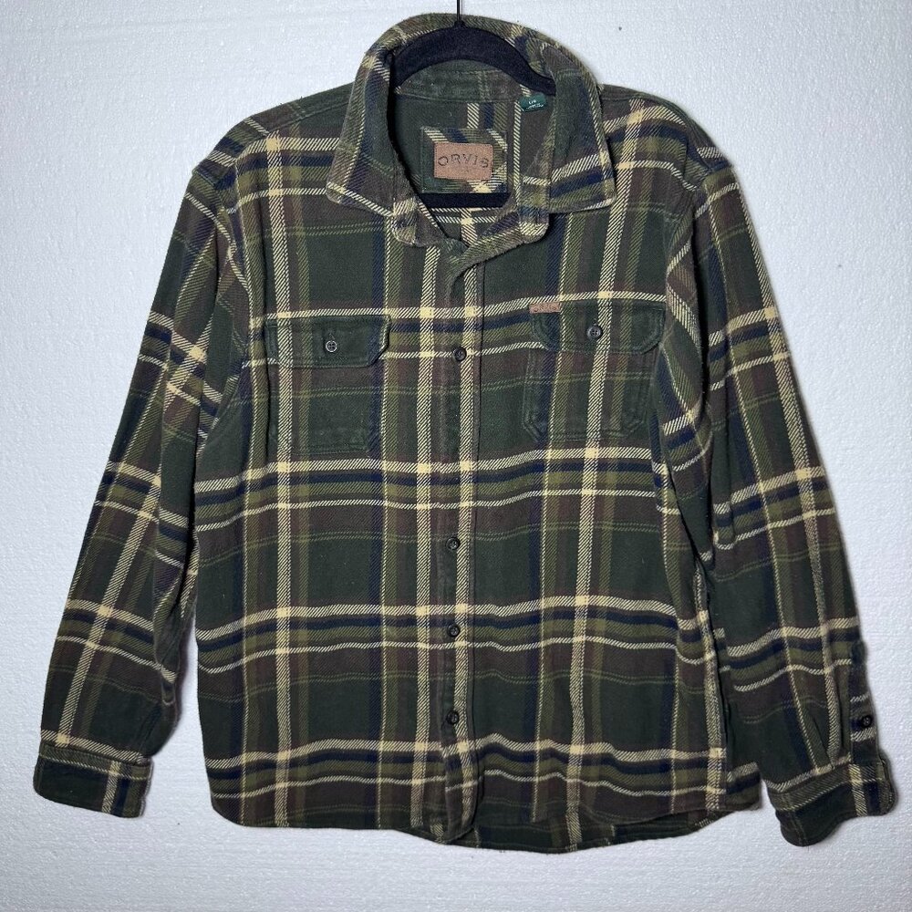 Orvis Size Large Green Plaid Shacket Flannel Button Front Pockets Shirt Jacket